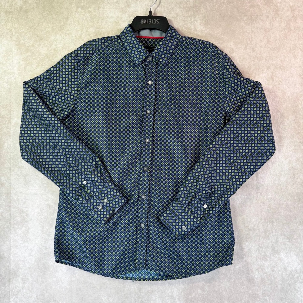 House of Lords Button Down Mens Medium Navy Blue Lime Green Geometric Medallion
